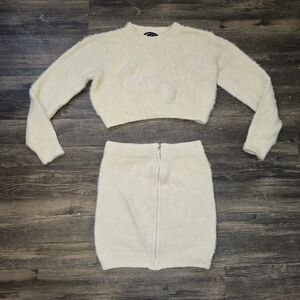 SHEIN Cream Fuzzy Knit Sweater & Mini Skirt Set Size Small